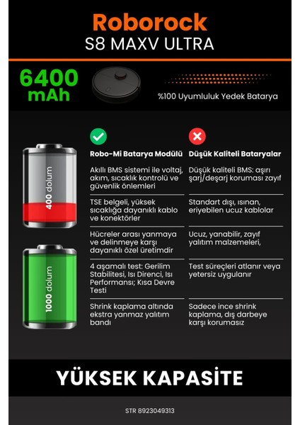 Roborock S8 Maxv Ultra 6400MAH Robot Süpürge Bataryası - Koruma Katmanlı Batarya Teknolojisi