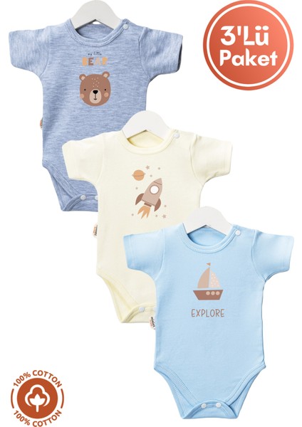 Erkek Bebek %100 Organik Pamuklu Explore Baskılı 3-6-9-12 Ay 3lü Kısa Kollu Bebek Body Zıbın
