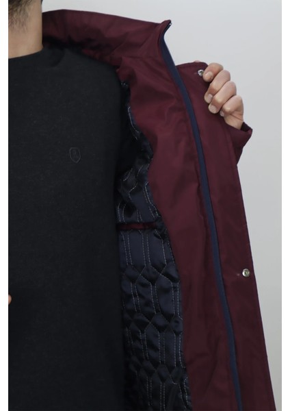 Fistan Store Erkek Bordo Hakim Yaka Spor Kesim Rahat Kalıp Kapüşonlu Fermuar Kapamalı Kışlık Mont modelleri