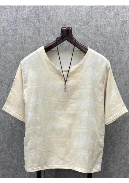 Oversize Palm Desenli Pamuk Keten Tshirt
