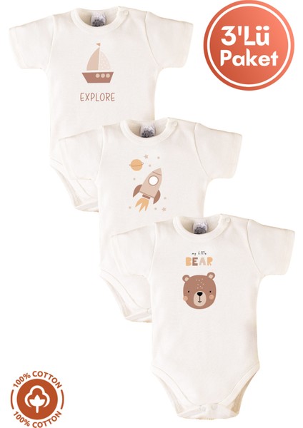 Erkek Bebek %100 Organik Pamuklu Explore Baskılı 3-6-9-12 Ay 3lü Kısa Kollu Bebek Body Zıbın