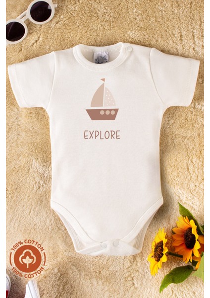 Erkek Bebek %100 Organik Pamuklu Explore Baskılı 3-6-9-12 Ay 3lü Kısa Kollu Bebek Body Zıbın modelleri