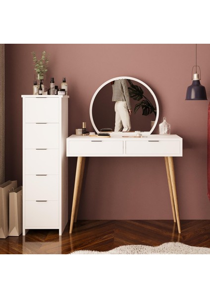 Lucy Makyaj Masası Takımı T1050 – Beyaz Aynalı, Çekmeceli Dolaplı Set