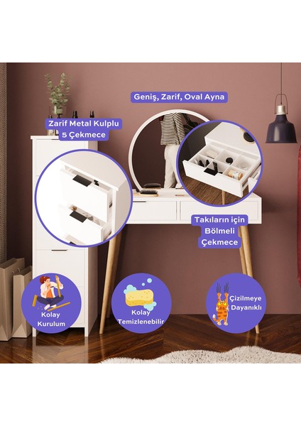 Lucy Makyaj Masası Takımı T1050 – Beyaz Aynalı, Çekmeceli Dolaplı Set