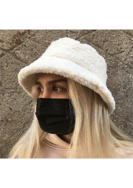 Peluş Beyaz Renk Bucket Şapka