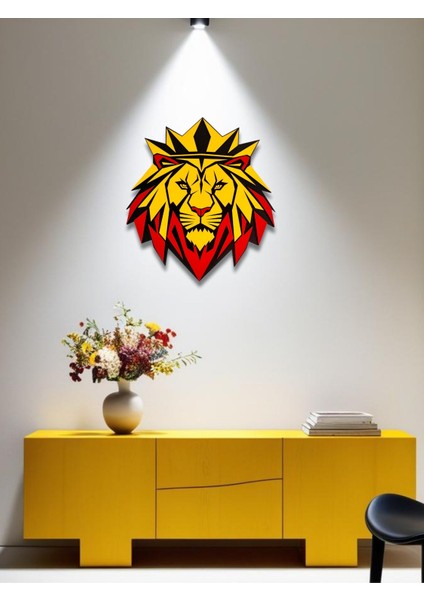 El Yapımı Geometrik Aslan Portresi - Hediyelik Dekoratif Duvar Tablosu Sarı Kırmızı 50X45 cm