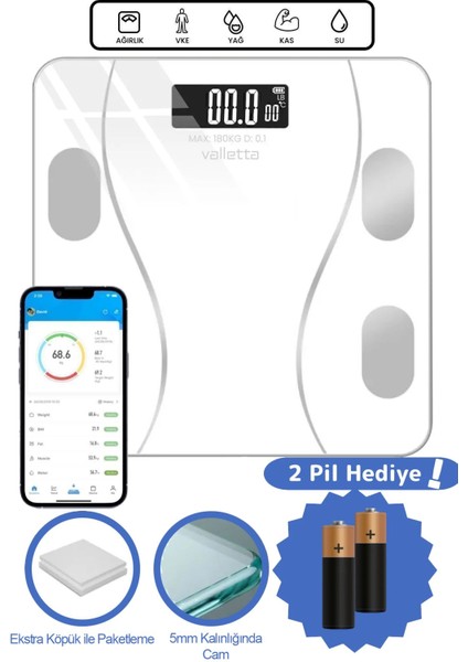 Maestro Pil Hediyeli Dijital Baskül Yağ Su Kas Vücut Kitle Endeksi Kilo Ölçer Tartı Beyaz