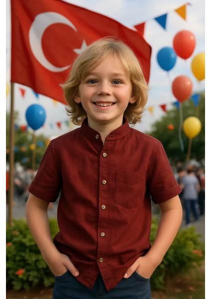 Erkek Bordo Keten Yarım Kollu Hakim Yaka Gömlek – Şık ve Rahat Tasarım I Erkek Çocuk Gömlek