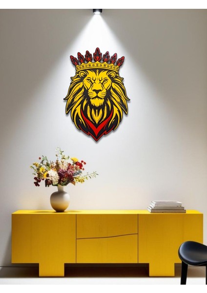 El Yapımı Asil Aslan Portresi - Hediyelik Dekoratif Duvar Tablosu Sarı Kırmızı 59X42 cm