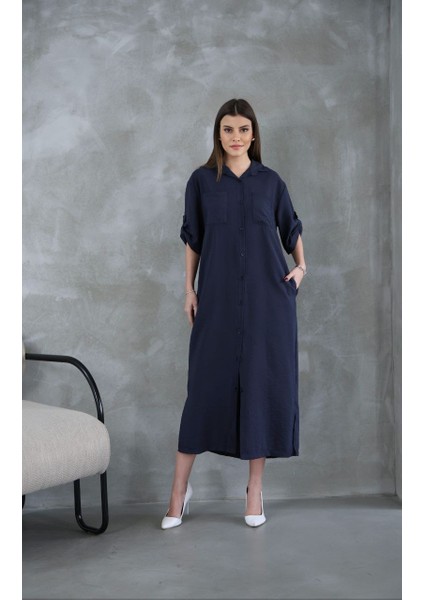 Düğmeli Kadın Gömlek Elbise
