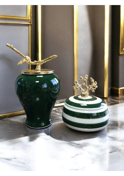 Dekoratif Obje Gold Dallı Yeşil Şah Küp Mercan Zamaklı Klasik Zebra Obje - Feray Home