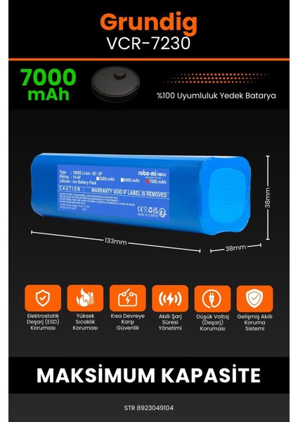 Grundig Vcr 7230 7000mAh Robot Süpürge Bataryası - Yüksek Yoğunluklu Li-ion Hücre fiyatları