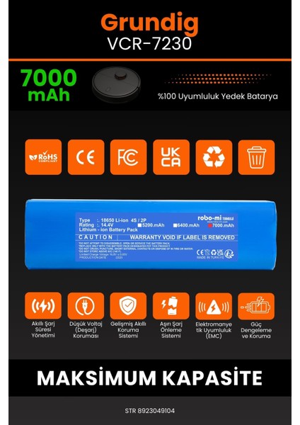 Grundig Vcr 7230 7000mAh Robot Süpürge Bataryası - Yüksek Yoğunluklu Li-ion Hücre modelleri
