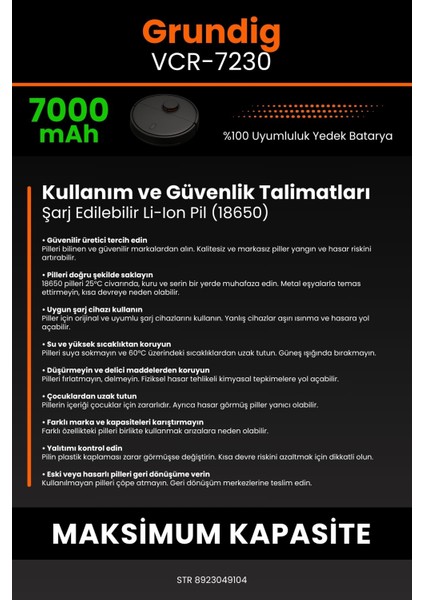 Grundig Vcr 7230 7000mAh Robot Süpürge Bataryası - Yüksek Yoğunluklu Li-ion Hücre