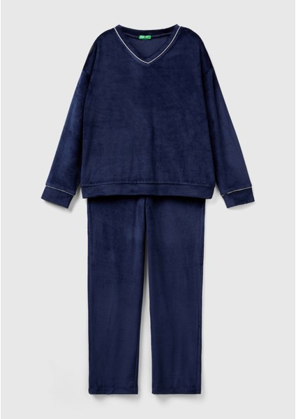 Kadın Lacivert Çizgi Detaylı V Yaka Pijama Takımı fiyatları
