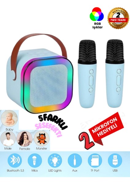 Çift Karaoke Mikrofonlu Kablosuz Bluetooth Hoparlör 5 Ses Efektli Rgb Hd Stereo Ses Usb/Sd/Fm