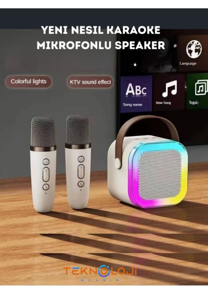 Çift Karaoke Mikrofonlu Kablosuz Bluetooth Hoparlör 5 Ses Efektli Rgb Hd Stereo Ses Usb/Sd/Fm