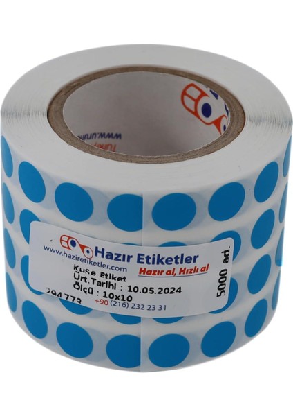 Etiketler , Hazır Al Hızlı Al Kuşe Rulo Renkli Zemin Baskılı, 10MM Çap, 5000 Adet, 5'li Yan Yana (Mavi)