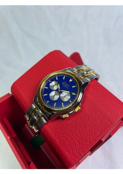 BS902025110A Retro Model Yuvarlak Çelik Kasa Sarı Çerçeveli Üç Fonksiyonlu Takvimsiz Lacivert Kadranlı Lüks Erkek Kol Saati