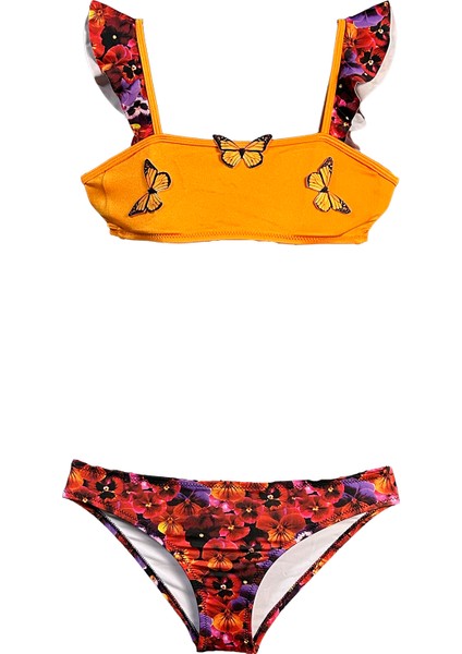 Askılı Menekşe Çiçeği Desenli Kelebek Detaylı 50UV Kız Çocuk Bikini Takımı By Nessi Byrd