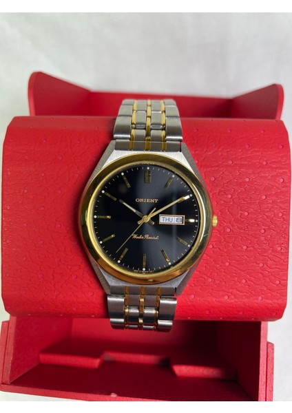 BS902025111A Retro Model Yuvarlak Çelik Kasa Sarı Çerçeveli Gün & Ay Takvimli Siyah Kadranlı Lüks Erkek Kol Saati