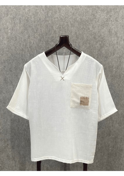 Oversize El Işi Detaylı Bohem Pamuklu Beyaz Tshirt