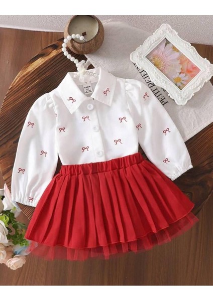 Kız Çocuk Şık Fırfırlı Kırmızı Etekli Takım – Uzun Kollu Gömlekli -Fiyonklu Gömlek ve Kırmızı Etek fiyatları