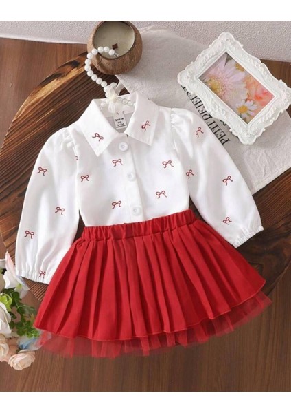 Kız Çocuk Şık Fırfırlı Kırmızı Etekli Takım – Uzun Kollu Gömlekli -Fiyonklu Gömlek ve Kırmızı Etek fırsatları