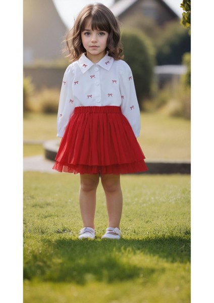 Kız Çocuk Şık Fırfırlı Kırmızı Etekli Takım – Uzun Kollu Gömlekli -Fiyonklu Gömlek ve Kırmızı Etek indirimleri