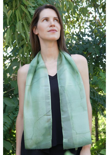%100 Saf Ipek El Boyaması Fular- Özel Tasarım 35X140CM - Yeşil modelleri