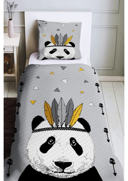 Gri Panda Desenli Tek Kişilik Çocuk Pike Takımı