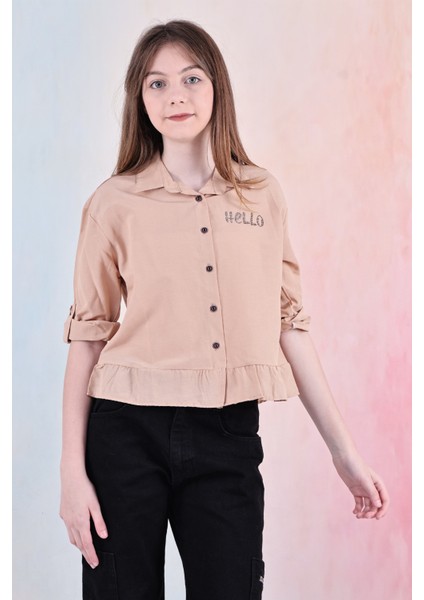 Kız Çocuk Bel Detaylı-Taş Baskılı Crop Gömlek 6-15 Yaş 12254 modelleri