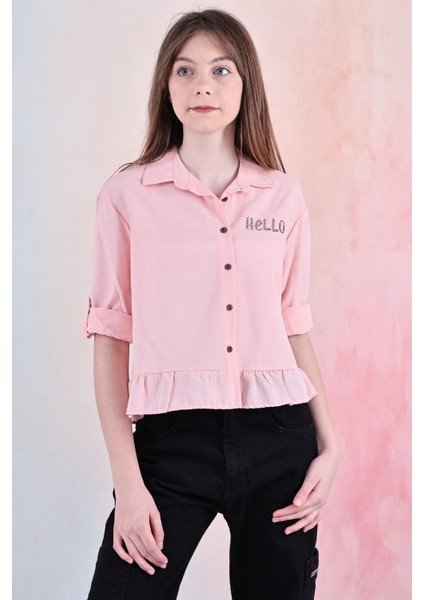 Kız Çocuk Bel Detaylı-Taş Baskılı Crop Gömlek 6-15 Yaş 12254