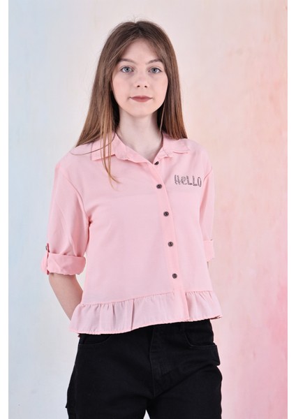 Kız Çocuk Bel Detaylı-Taş Baskılı Crop Gömlek 6-15 Yaş 12254