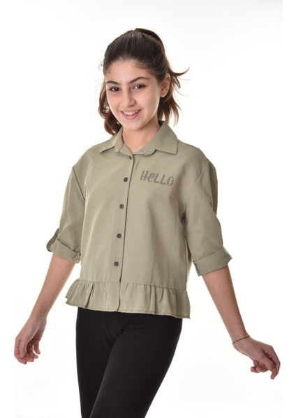 Kız Çocuk Bel Detaylı-Taş Baskılı Crop Gömlek 6-15 Yaş 12254