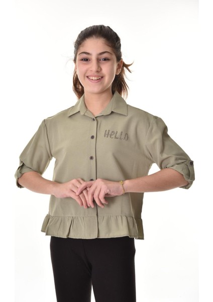 Kız Çocuk Bel Detaylı-Taş Baskılı Crop Gömlek 6-15 Yaş 12254