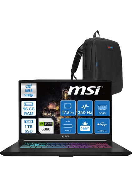 Msı Katana 17 Hx B14WFK-217TR 14. Nesil Intel İ9-14900HX 96GB Ddr5 1tb SSD 8GB/RTX5060 115W 17.3" Qhd (2560*1440), 240Hz IPS Freedos Taşınabilir Bilgisayar. W217TRF28+ZETTAÇANTA