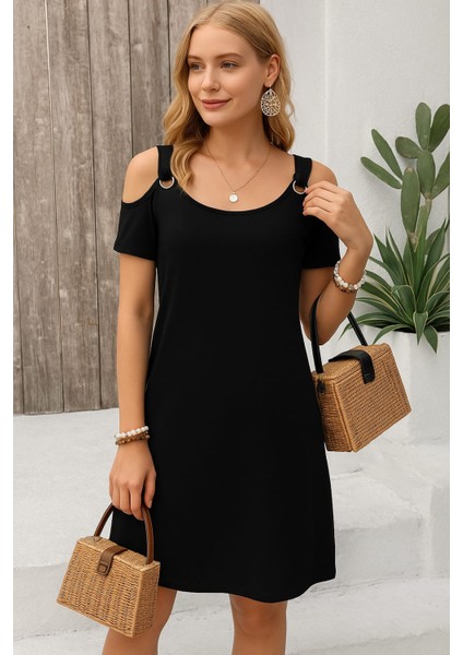 Kadın Askılı Omuzlardan Açık Kısa Kollu Kuş Gözü Detaylı Viskon Elbise (Büyük Bedenleri Mevcuttur) fiyatları