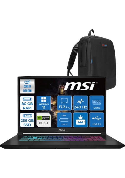 Msı Katana 17 Hx B14WGK-048XTR 14. Nesil Intel İ9-14900HX 80GB Ddr5 256GB SSD 8GB/RTX5070 115W 17.3" Qhd (2560*1440), 240Hz IPS Windows 11 Pro Gaming Bilg. W048XTRP21+ZETTAÇANTA