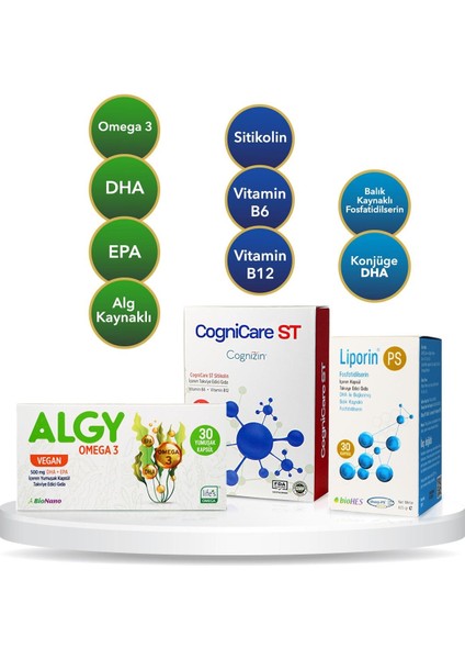 Sınav Paketi | Cognicare St & Algy Omega 3 & Liporin Ps (Dha & Cognizin Sitikolin & Fosfatidilserin) fiyatları