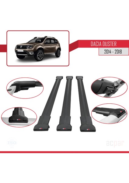 Dacia Duster (Hs) Post-Facelift 2014-2017 Arası ile Uyumlu Fly Model Ara Atkı Tavan Barı Siyah 3 Adet fırsatları