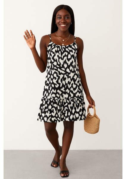 Kadın Omuzdan Bağlamalı Desenli Fırfırlı Süprem Elbise (Büyük Bedenleri Mevcuttur)