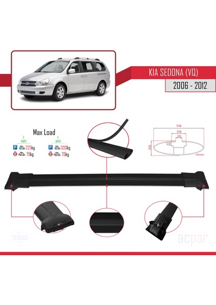Kia Sedona 2 (Vq) 2006-2012 Arası ile Uyumlu Fly Model Ara Atkı Tavan Barı Siyah 3 Adet