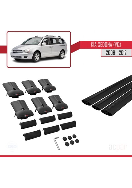 Kia Sedona 2 (Vq) 2006-2012 Arası ile Uyumlu Fly Model Ara Atkı Tavan Barı Siyah 3 Adet
