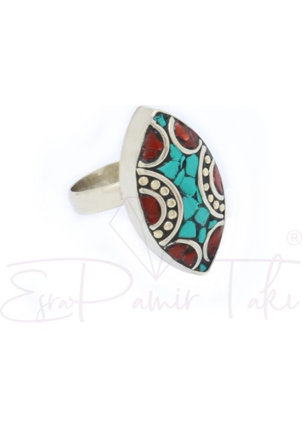 Turkuaz ve Mercan Taşlı Gümüş Renk El Yapımı Otantik Nepal Yüzük