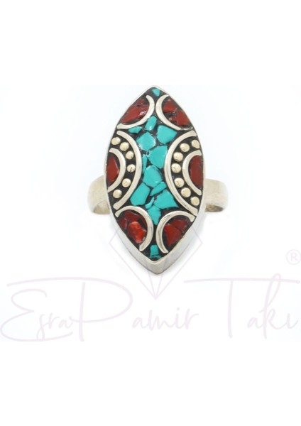 Turkuaz ve Mercan Taşlı Gümüş Renk El Yapımı Otantik Nepal Yüzük fiyatları