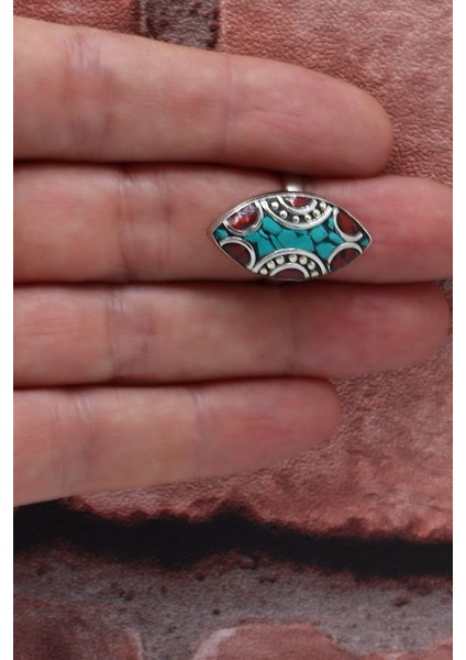 Turkuaz ve Mercan Taşlı Gümüş Renk El Yapımı Otantik Nepal Yüzük modelleri