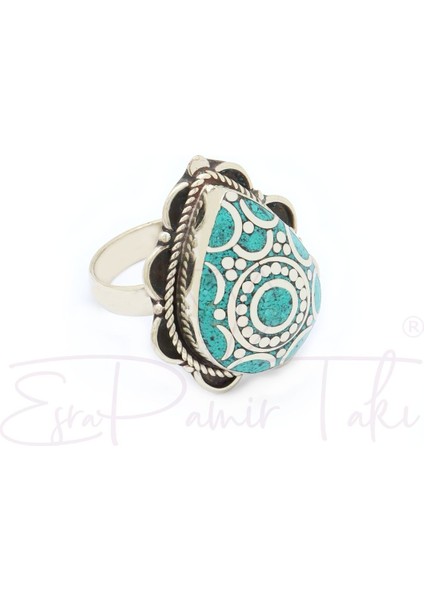 Turkuaz Taşlı Gümüş Renk El Yapımı Otantik Nepal Yüzük