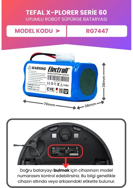 Tefal X-Plorer Serie 60 Uyumlu Batarya (Maksimum Kapasite) 3500mah Pil Robot Süpürge Batarya fiyatları