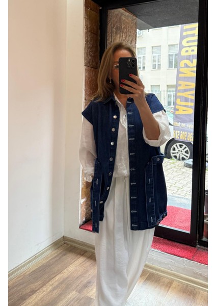 Kuşaklı Uzun Jean Yelek Koyu Mavi